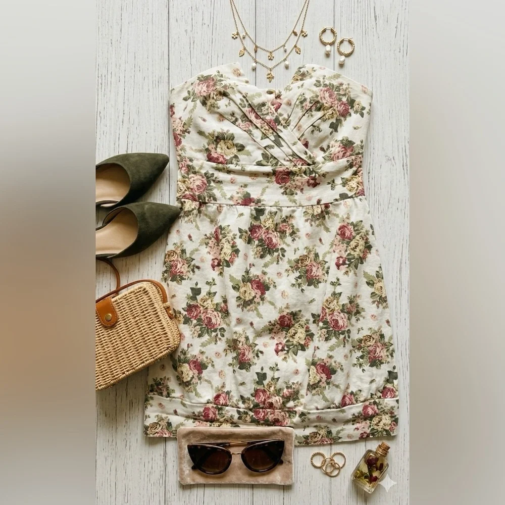 Strapless Cottagecore Floral Mini Denim Dress - Picture 2 of 9